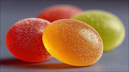 Four colorful gummy candies are arranged on a gray surface close up.