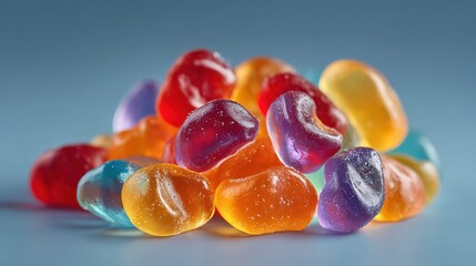 Pile of colorful translucent heart shaped candies on a blue background.