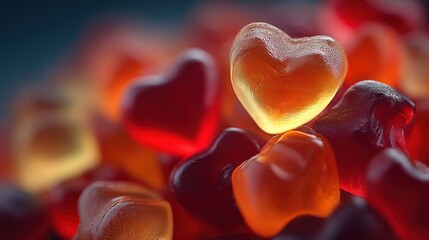 Heart shaped gummy candies in red orange and yellow hues close up.