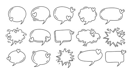 Fototapeta premium A collection of hand drawn speech bubbles with heart decorations in a minimalist black and white