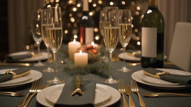 Elegant Christmas Dinner Table Setting with Candles, Wine and Festive Holiday Decor.