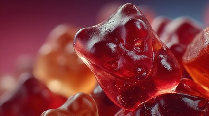 Close-up of gummy bear candies in red orange and yellow colors.