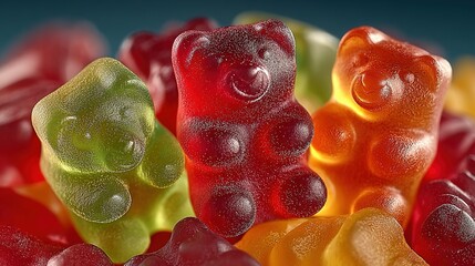 Colorful gummy bears candy close-up showing green red and orange sweets.