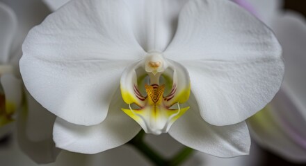 Makroaufnahme einer eleganten wei�en Orchideenbl�te mit sanftem Licht das feine Details hervorhebt. AI Generated