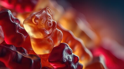 Gummy bears candy close-up in red orange and yellow colors.