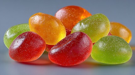 Pile of colorful jelly beans candy sweets on a neutral background.