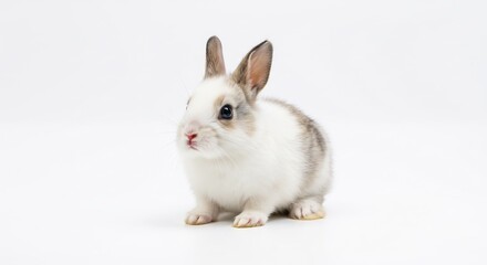 Obraz premium Kleines flauschiges Kaninchen sitzt ruhig hell ausgeleuchtet auf reinwei�em minimalistischen Hintergrund. AI Generated