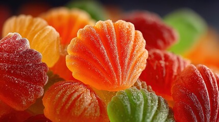 Close-up of colorful shell-shaped gummy candies piled together against a blurred background.