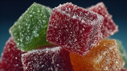 Pile of colorful sugar-coated jelly candies against a dark blue background.