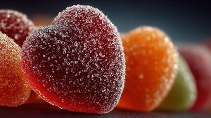 Heart shaped candies covered in sugar crystals in a row close up.