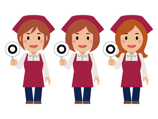 正解の札を上げる真紅のエプロンと三角巾の女性