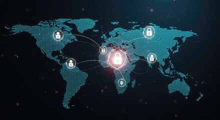 Global data security network with lock icons connecting across a vibrant teal world map, representing international cybersecurity and data protection systems