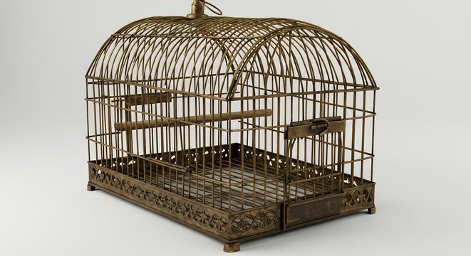Ein antiker leerer Vogelkaefig glaenzt detailreich in sanftem Licht vor hellem Hintergrund. AI Generated