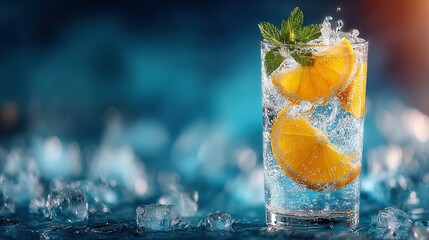 Refreshing drink with orange slices mint and ice against a blurred background.