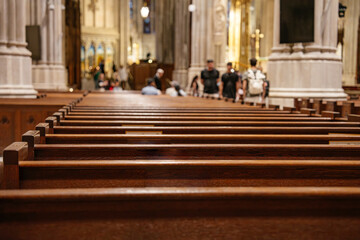 Rows of polished wooden pews stretch toward the altar in a large cathedral interior. A group of...