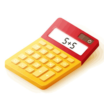 A bright yellow and red calculator displaying 55 on its screen, isolated on a, representing basic arithmetic and calculation