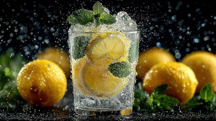 Refreshing drink with lemons mint and ice cubes surrounded by whole lemons.