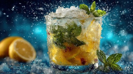 A glass of mojito with ice mint and lemon against a blue background.
