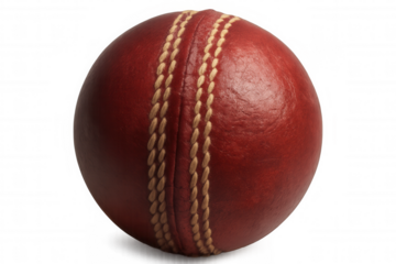 Red leather cricket ball featuring prominent white stitching and seam, ready for play, transparent background