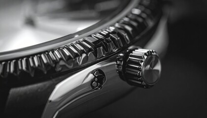 Close-up view of a sleek watch's crown and bezel showcasing intricate design and craftsmanship