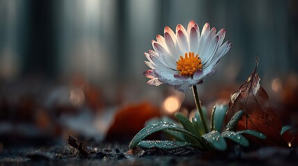 Single daisy flower with white petals and yellow center in a forest setting.