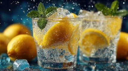 Two glasses of refreshing lemon water with ice and mint on a table.