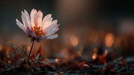 Single white flower with a yellow center in a blurred brown background.