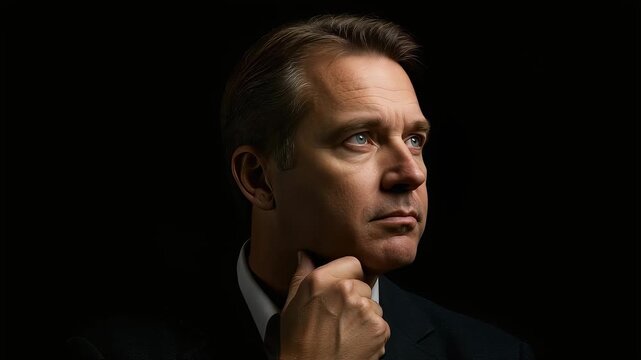 A portrait video of a CEO quietly pondering the future in the dark