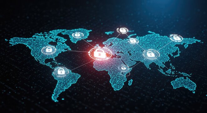 Secure global network connecting continents with digital safety, symbolizing modern data protection and cybersecurity across the world for business and technology