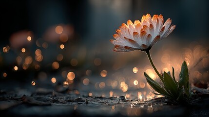 A single flower blooms with glowing bokeh lights in a dark environment.