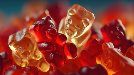 Close-up of gummy bear candies in red and yellow colors on a blurred background.