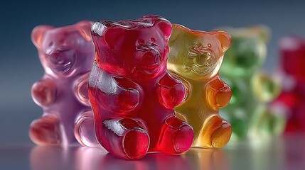 Row of colorful gummy bears standing on a reflective surface close up.