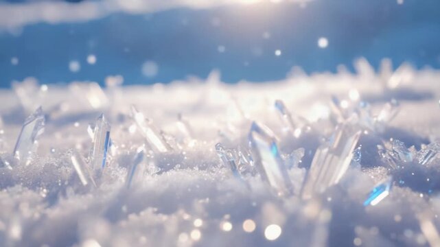 Close up of shiny crystals embedded in snow under a bright blue and white sky view scene nature texture background video