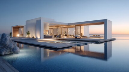 Obraz premium Modern luxurious villa with infinity pool by the sea at sunset