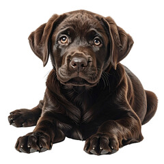 A close-up of a chocolate Labrador puppy, eyes wide, gazing upward with a cute, earnest expression