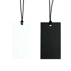 Two rectangular tags, one white and one black, hang by black strings against a black background