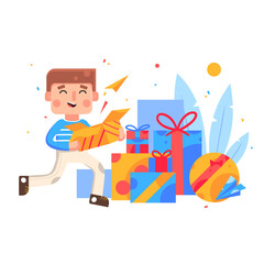 Joyful Boy Running with Wrapped Presents and Festive Confetti Against Transparent Background Colorful Festive Joyful Background Animated