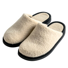 Two fluffy, off-white slide slippers with a dark sole, positioned slightly apart on a void background