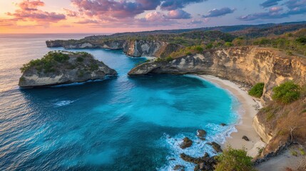 Fototapeta premium A stunning coastal landscape featuring cliffs, turquoise waters, and a serene beach under a colorful sunset sky.