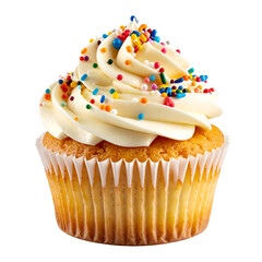 A single cupcake, golden-baked, topped with creamy frosting and colorful sprinkles