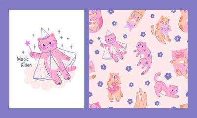 Collection seamless patterns with adorable kittens and composition with cute fairy cat