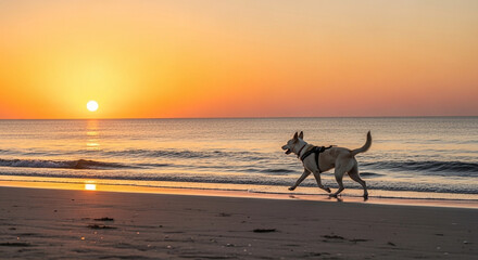 A dog running on the beach at sunset