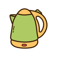 Cartoon Electric Kettle Isolated On Transparent Background with Green Body, Orange Accents and Outline, Featuring Simple Design for Kitchen and Home Decor
