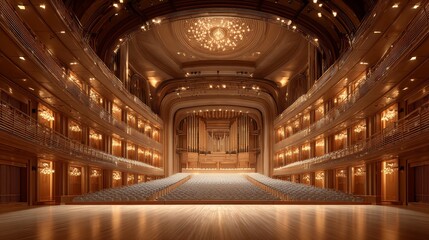 Magnificent and spacious opera house interior with elegant lighting and rows of seats