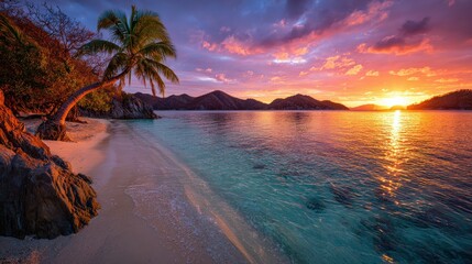 A stunning sunset over a tranquil beach, featuring palm trees and gentle waves, creating a serene tropical atmosphere.