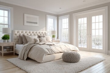Bright and airy bedroom with large windows and comfortable bedding