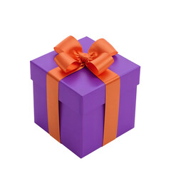 Obraz premium A purple gift box isolated on transparent background, adorned with a vibrant orange ribbon and bow, perfect for birthdays, holidays, or special occasions