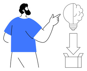Person gesturing toward a creative light bulb with connected arrow pointing to a box. Ideal for innovation, creativity, ideas, problem-solving, brainstorming, process, implementation. Simple flat