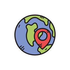 Cartoon Globe with Red Location Marker on Transparent Background Illustration Icon Representing Travel and Destination Concept