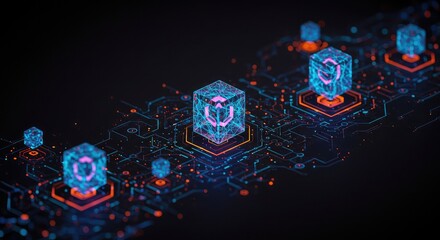 Stunning digital network with glowing blockchain cubes showcasing secure data transfer and futuristic technology innovation across a vibrant circuit board background